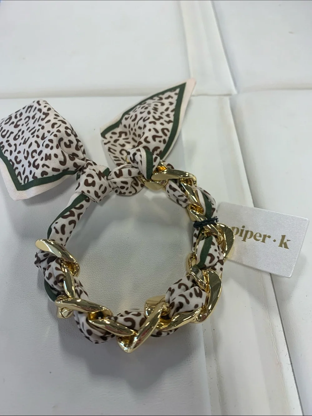 Piper K Gold Chain Scarf Bracelet Cheetah White, Brown and Green Trim